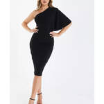QUIZ Scuba Crepe Batwing One Shoulder Midi Dress Women's 6 Black Solid Pullover
