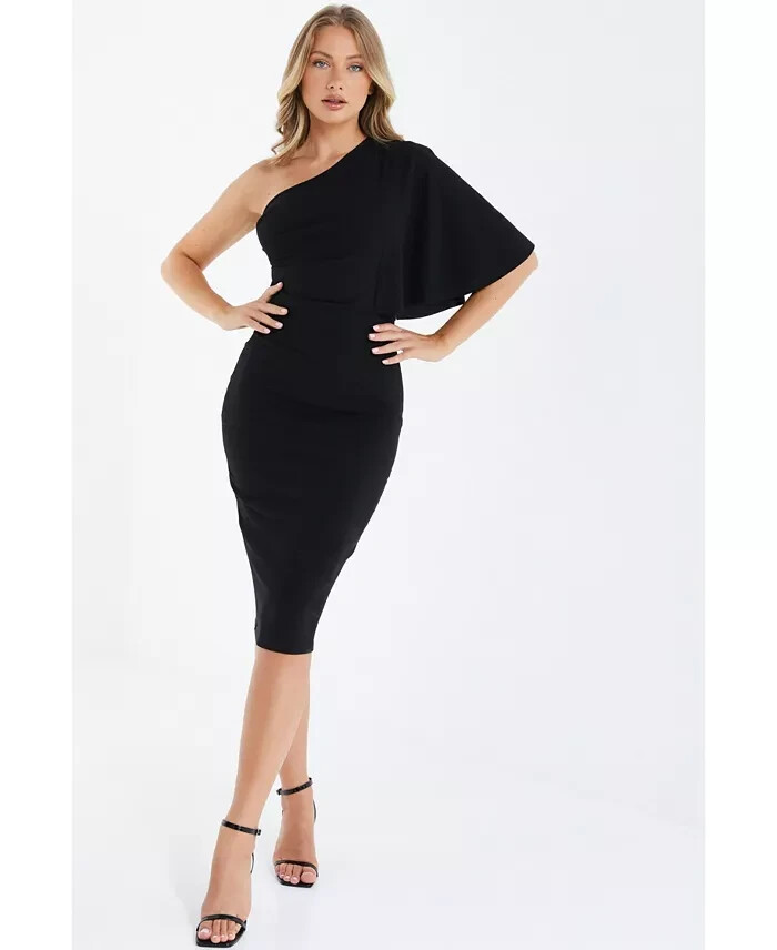 QUIZ Scuba Crepe Batwing One Shoulder Midi Dress Women's 6 Black Solid Pullover
