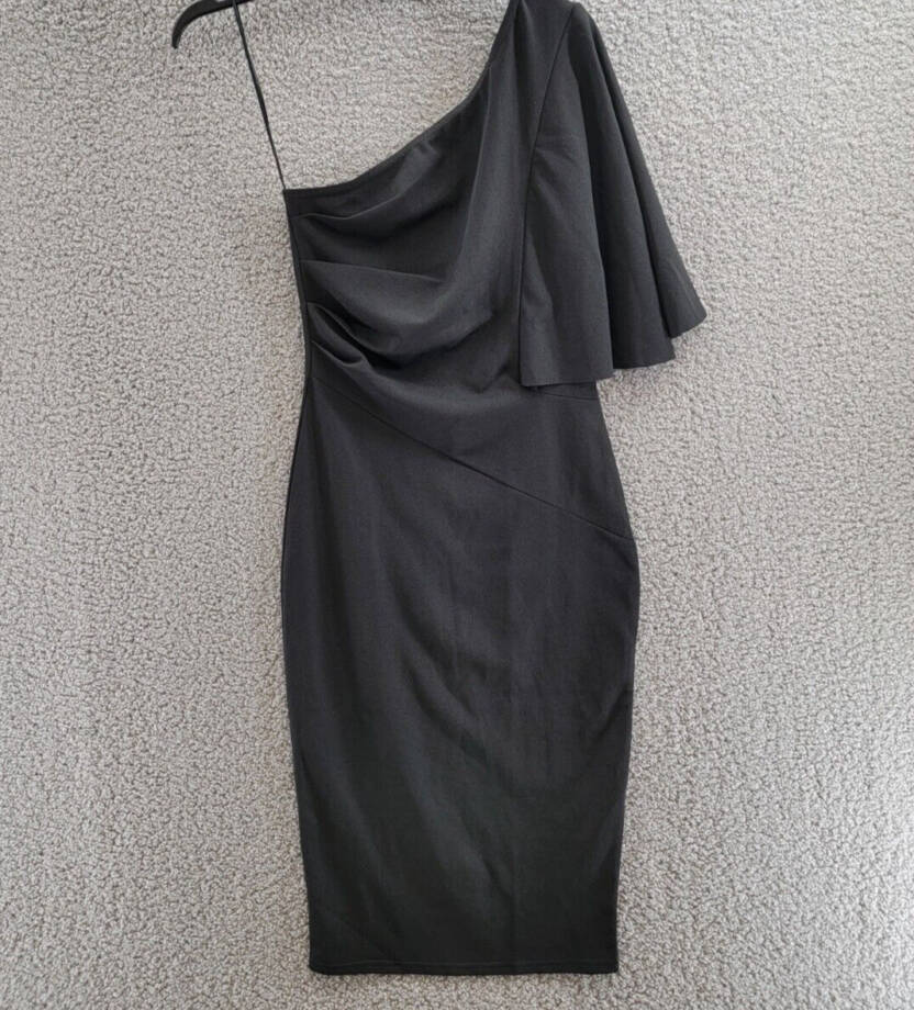 QUIZ Scuba Crepe Batwing One Shoulder Midi Dress Women's 6 Black Solid Pullover