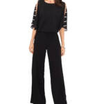 MSK Embellished Ladder-Sleeve Wide-Leg Jumpsuit Women's M Black Round Neck Zip~