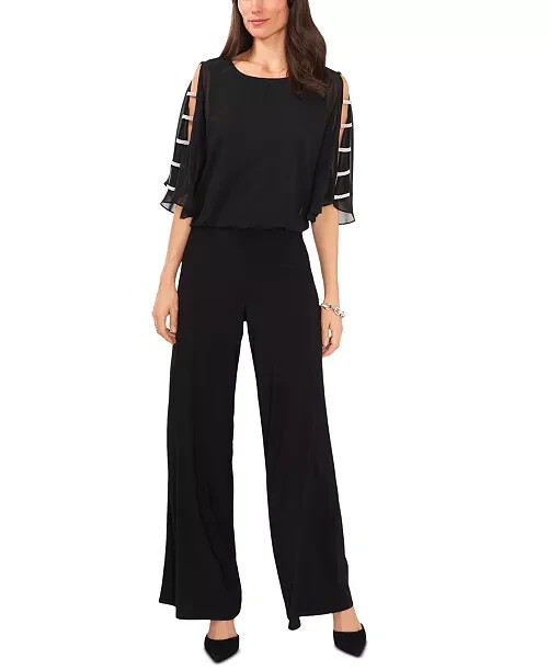 MSK Embellished Ladder-Sleeve Wide-Leg Jumpsuit Women's M Black Round Neck Zip~