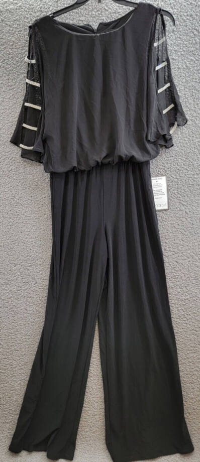 MSK Embellished Ladder-Sleeve Wide-Leg Jumpsuit Women's M Black Round Neck Zip~