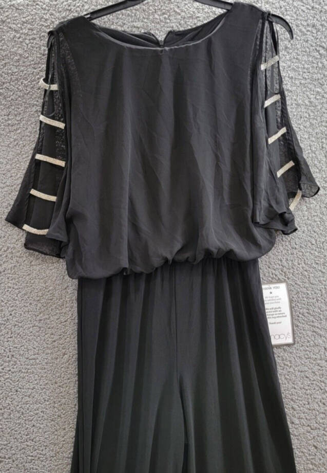 MSK Embellished Ladder-Sleeve Wide-Leg Jumpsuit Women's M Black Round Neck Zip~