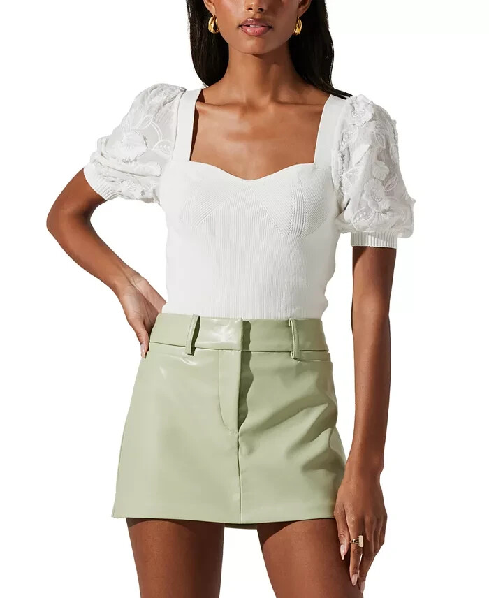 ASTR the Label Charis Puff-Sleeve Rib Knit Sweater Women's S White Embroidered