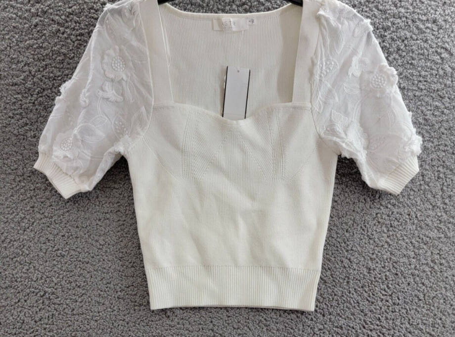 ASTR the Label Charis Puff-Sleeve Rib Knit Sweater Women's S White Embroidered