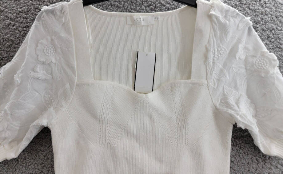ASTR the Label Charis Puff-Sleeve Rib Knit Sweater Women's S White Embroidered