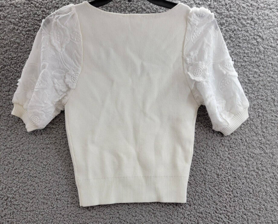 ASTR the Label Charis Puff-Sleeve Rib Knit Sweater Women's S White Embroidered
