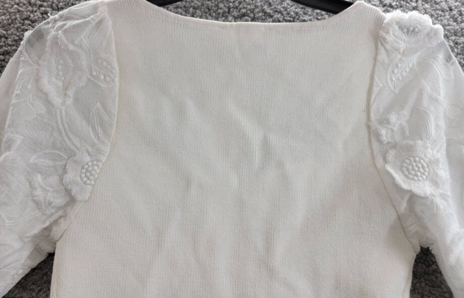 ASTR the Label Charis Puff-Sleeve Rib Knit Sweater Women's S White Embroidered