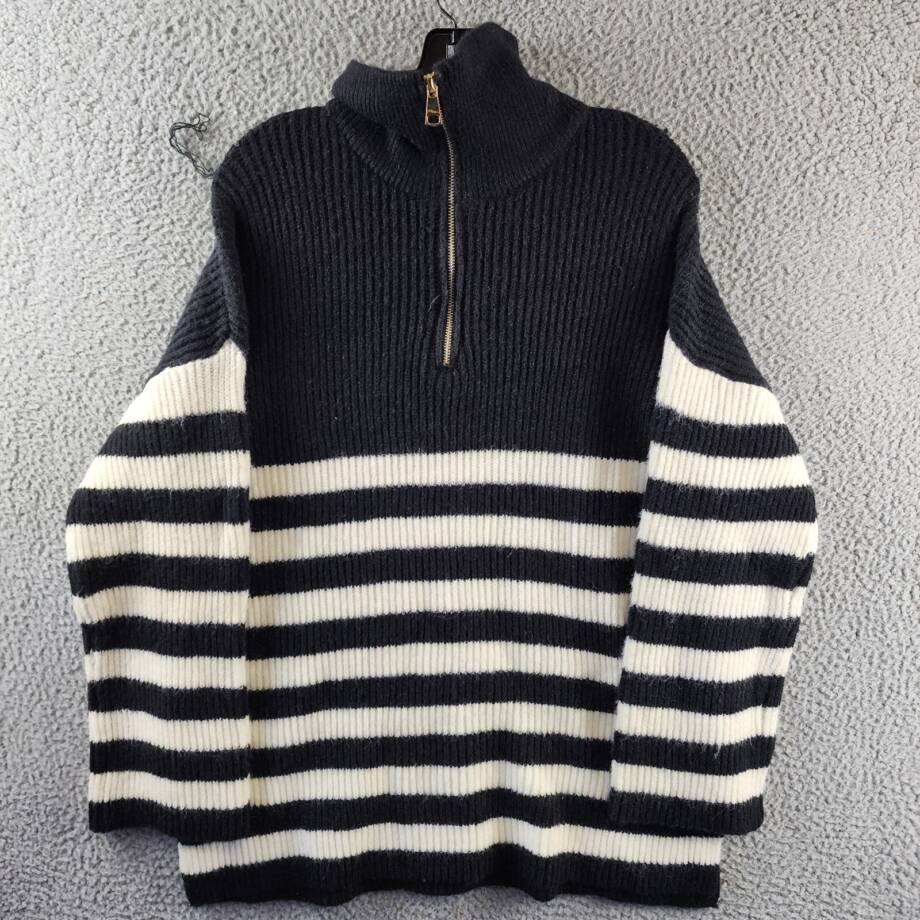 SAGE THE LABEL Striped Quarter Zip Sweater Women's M Black/White Long Sleeves