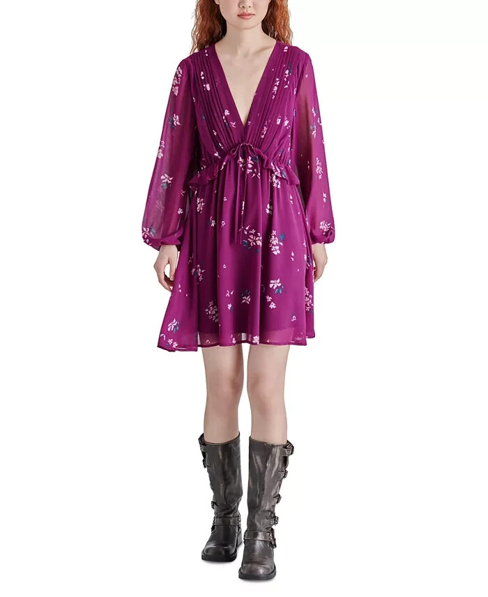 Steve Madden Rami Chiffon Pintuck-Detail Floral-Print Dress Women's XS Plum L/S