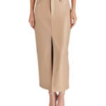 STEVE MADDEN Avani Faux Leather Maxi Skirt Womens 12 Camel Front Slit Button Zip