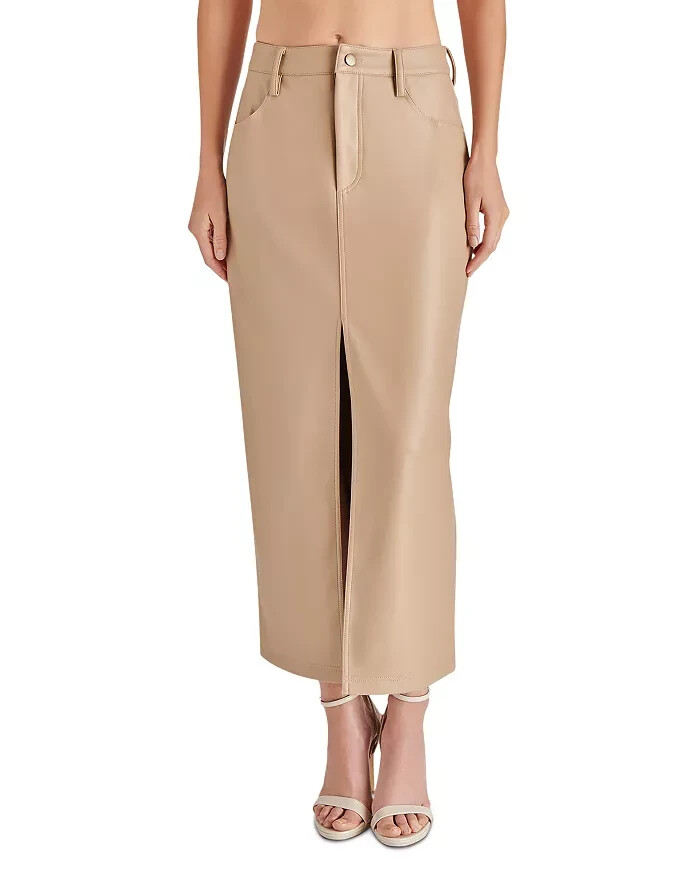 STEVE MADDEN Avani Faux Leather Maxi Skirt Womens 12 Camel Front Slit Button Zip