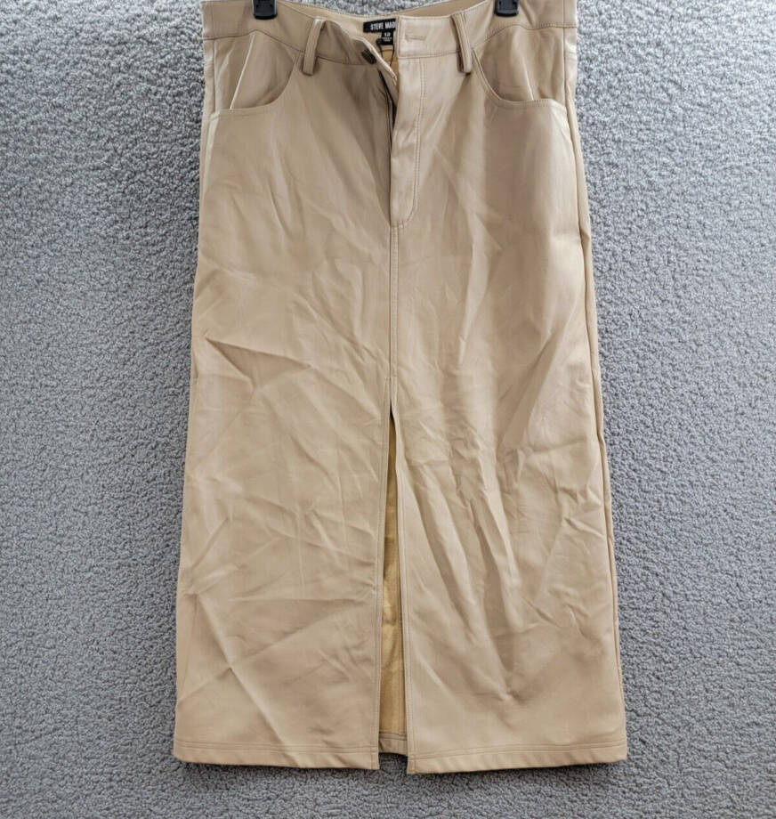 STEVE MADDEN Avani Faux Leather Maxi Skirt Womens 12 Camel Front Slit Button Zip