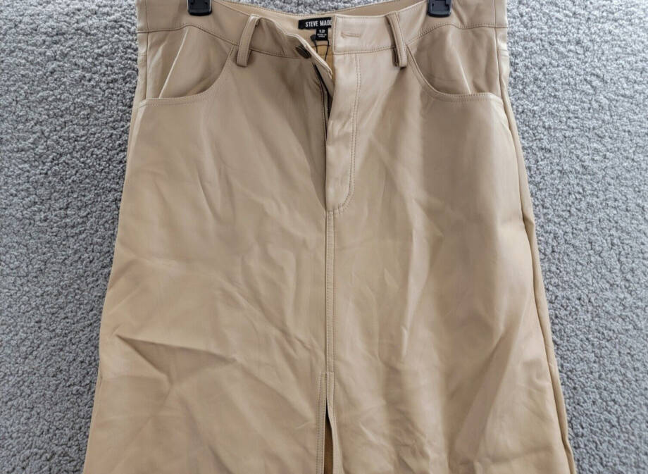 STEVE MADDEN Avani Faux Leather Maxi Skirt Womens 12 Camel Front Slit Button Zip