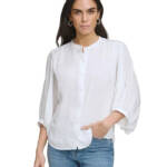 Calvin Klein Textured 3/4-Sleeve Blouse Women's XL White Button Front Closure