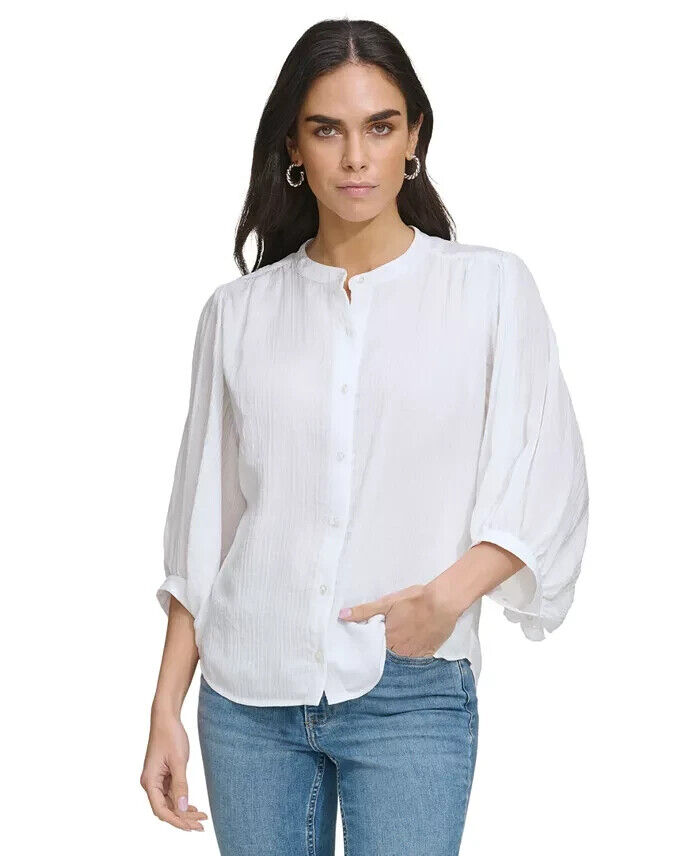 Calvin Klein Textured 3/4-Sleeve Blouse Women's XL White Button Front Closure