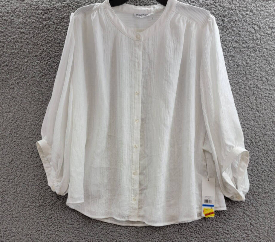Calvin Klein Textured 3/4-Sleeve Blouse Women's XL White Button Front Closure
