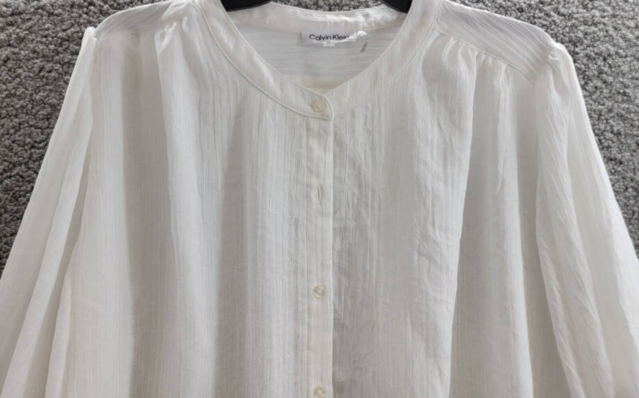 Calvin Klein Textured 3/4-Sleeve Blouse Women's XL White Button Front Closure