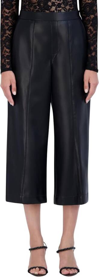 BCBG NEW YORK Faux-Leather Cropped Pants Women's 10 Black Slash Pockets Pull On