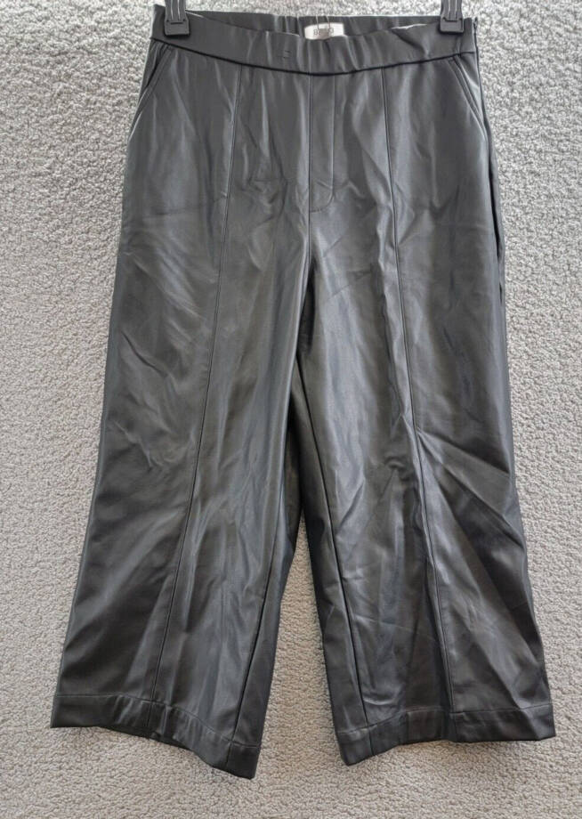 BCBG NEW YORK Faux-Leather Cropped Pants Women's 10 Black Slash Pockets Pull On