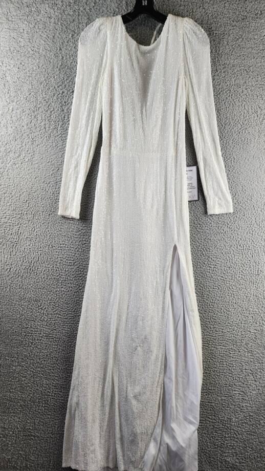 B. Darlin Sequin Sheer Long Sleeve Leg Slit Gown Juniors 9/10 White Zip Closure