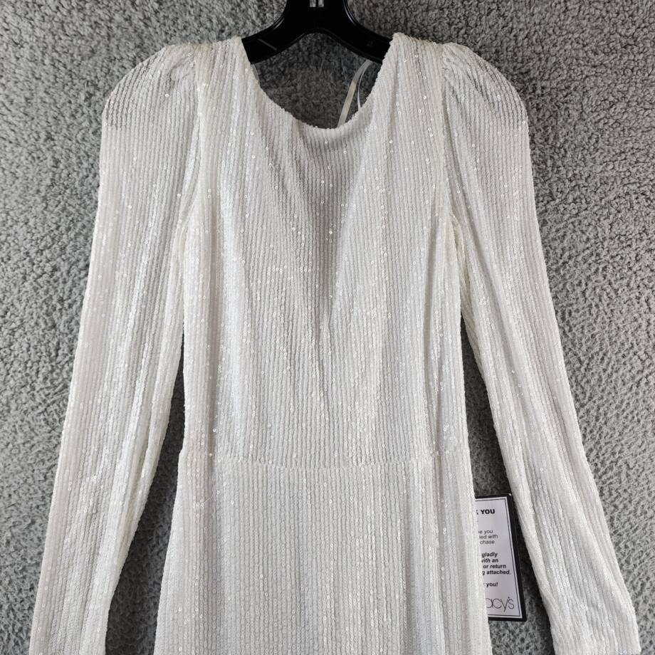 B. Darlin Sequin Sheer Long Sleeve Leg Slit Gown Juniors 9/10 White Zip Closure