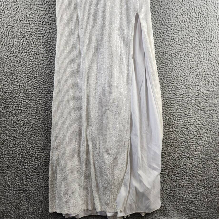 B. Darlin Sequin Sheer Long Sleeve Leg Slit Gown Juniors 9/10 White Zip Closure
