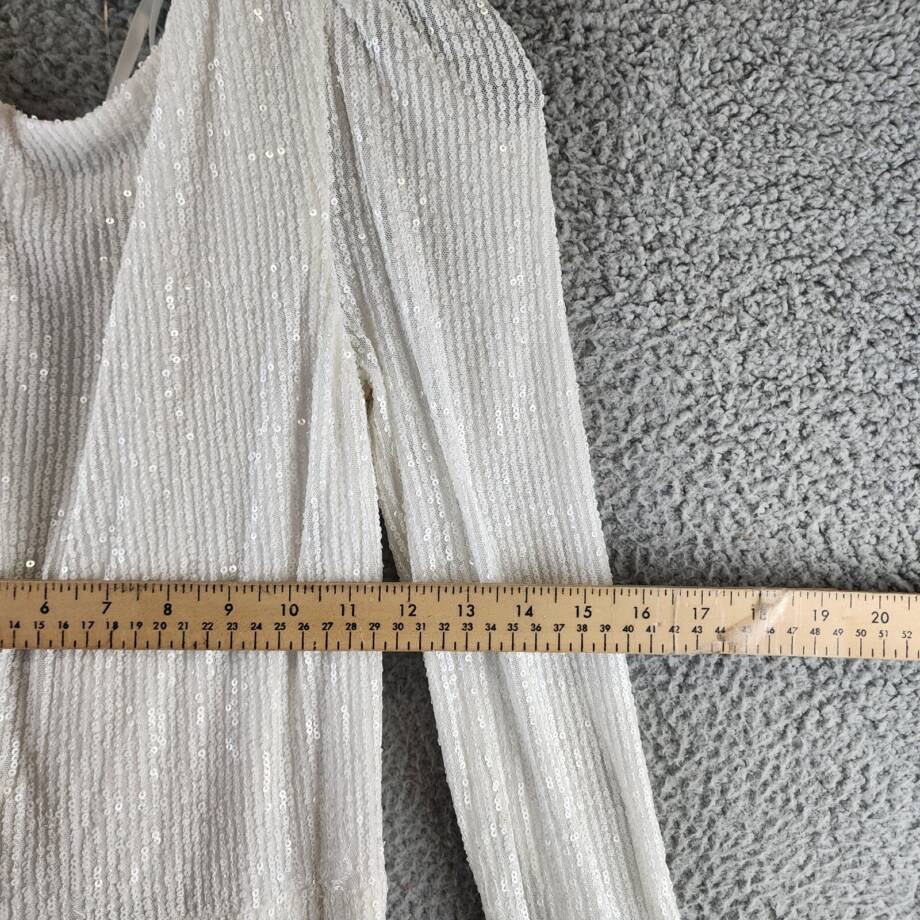 B. Darlin Sequin Sheer Long Sleeve Leg Slit Gown Juniors 9/10 White Zip Closure