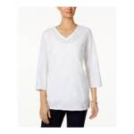 Charter Club Embroidered Tunic Top Women's XL Bright White 3/4 Sleeve Pullover