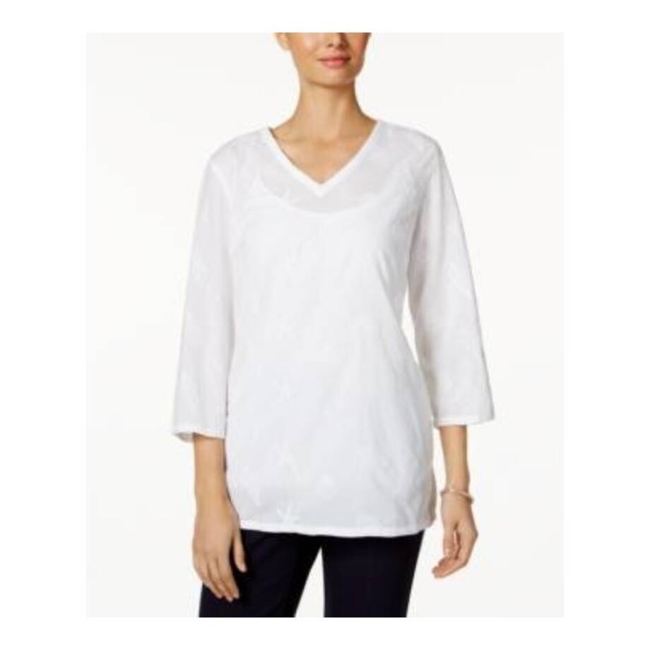 Charter Club Embroidered Tunic Top Women's XL Bright White 3/4 Sleeve Pullover