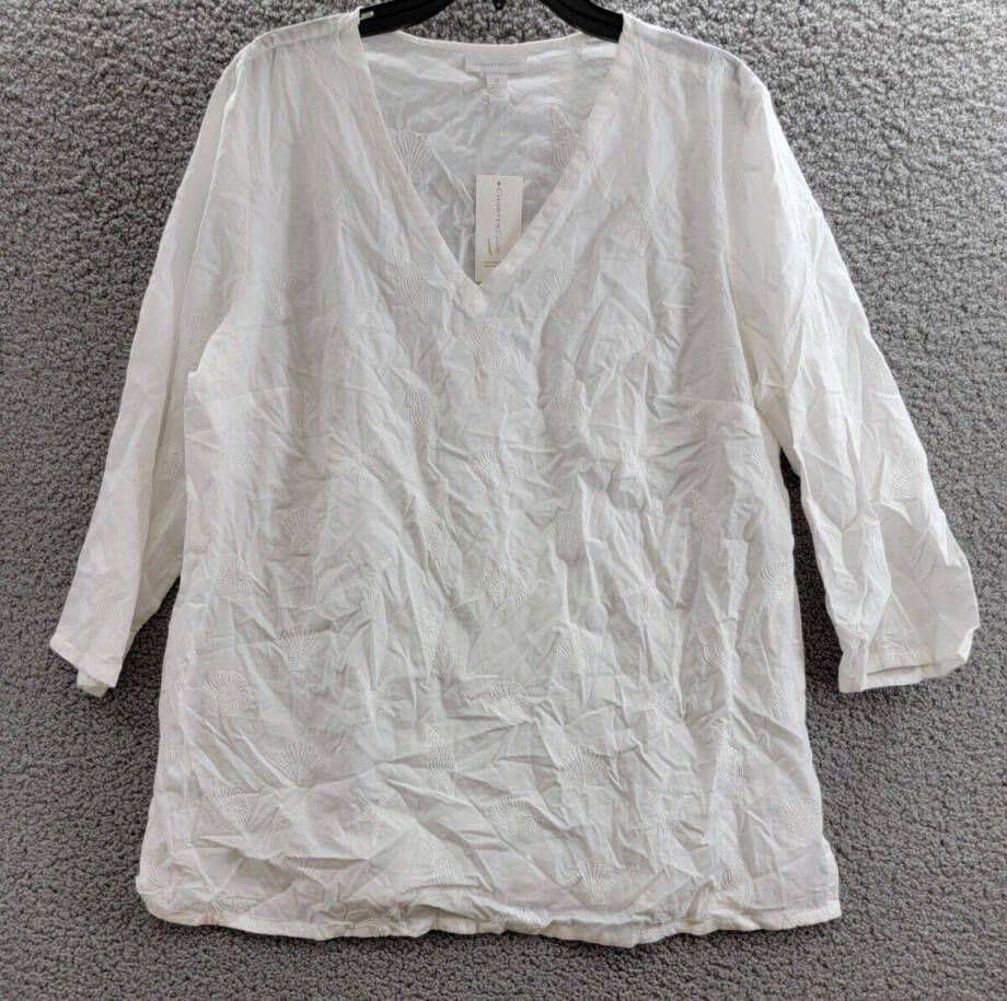 Charter Club Embroidered Tunic Top Women's XL Bright White 3/4 Sleeve Pullover