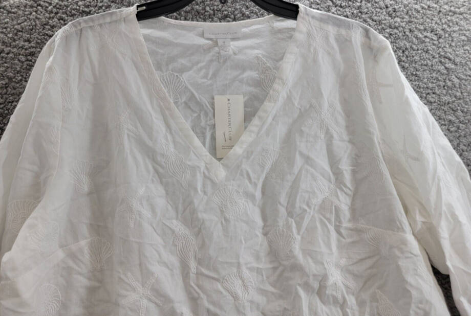 Charter Club Embroidered Tunic Top Women's XL Bright White 3/4 Sleeve Pullover