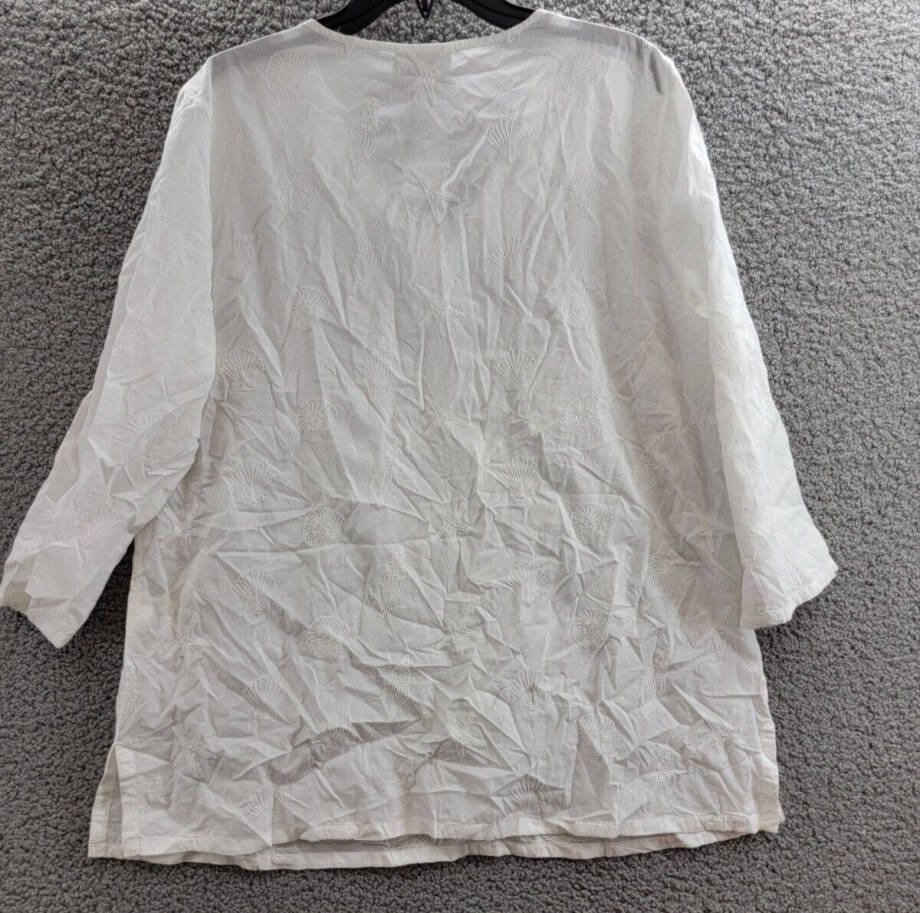 Charter Club Embroidered Tunic Top Women's XL Bright White 3/4 Sleeve Pullover