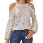 Cece Cold Shoulder Sequined Blouse Women's S Champagne Back Button Closure L/S