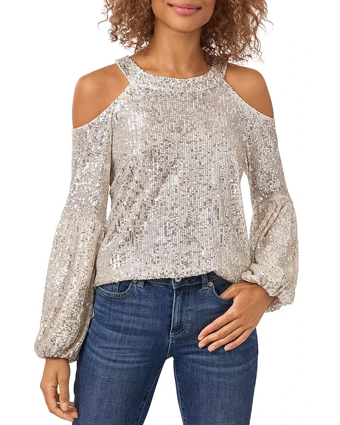 Cece Cold Shoulder Sequined Blouse Women's S Champagne Back Button Closure L/S