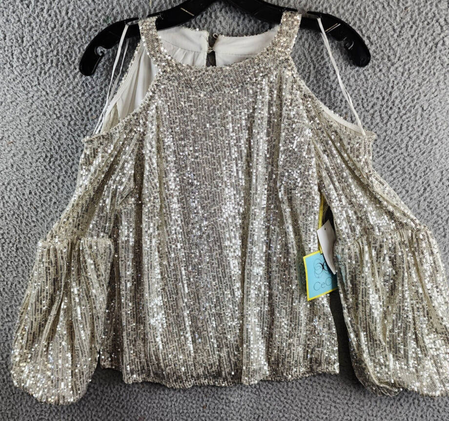 Cece Cold Shoulder Sequined Blouse Women's S Champagne Back Button Closure L/S