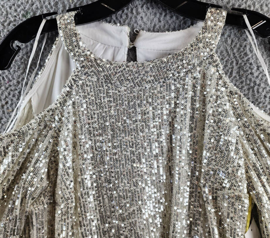 Cece Cold Shoulder Sequined Blouse Women's S Champagne Back Button Closure L/S