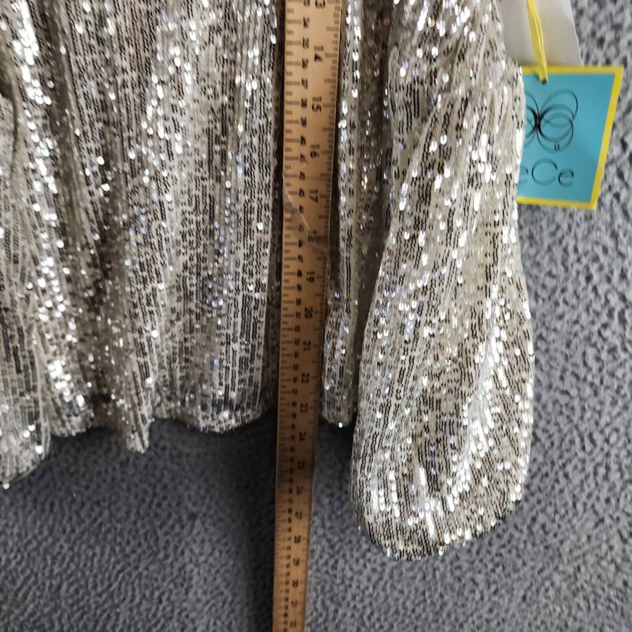 Cece Cold Shoulder Sequined Blouse Women's S Champagne Back Button Closure L/S
