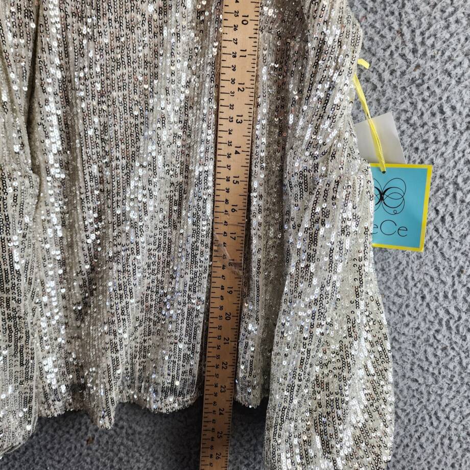 Cece Cold Shoulder Sequined Blouse Women's S Champagne Back Button Closure L/S