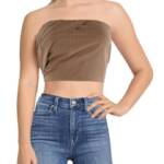 AQUA Pleated Cropped Strapless Top Women's Large Camel Pinstripe Side Zip