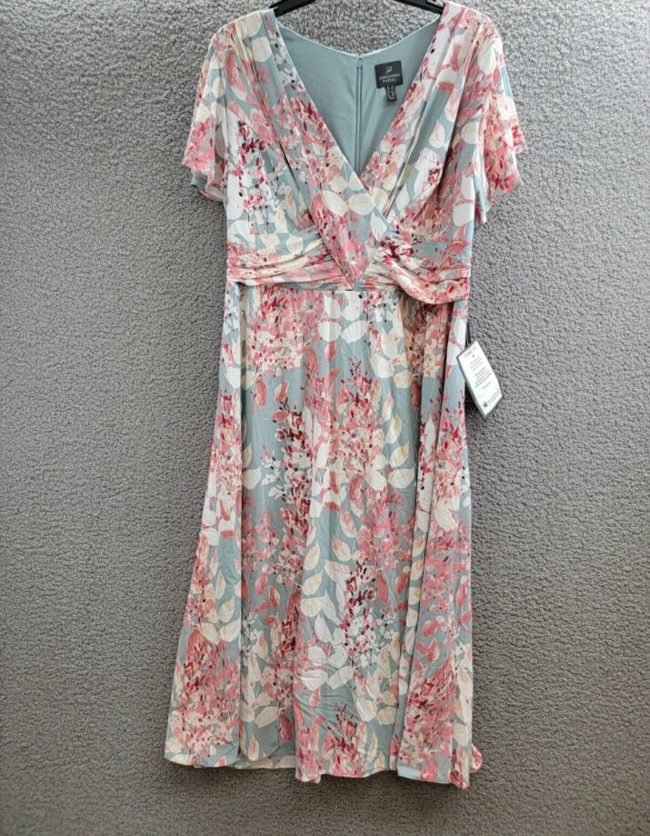 Adrianna Papell Plus Surplice Midi Dress Women's 22W Aqua Multi Back Zip Closure