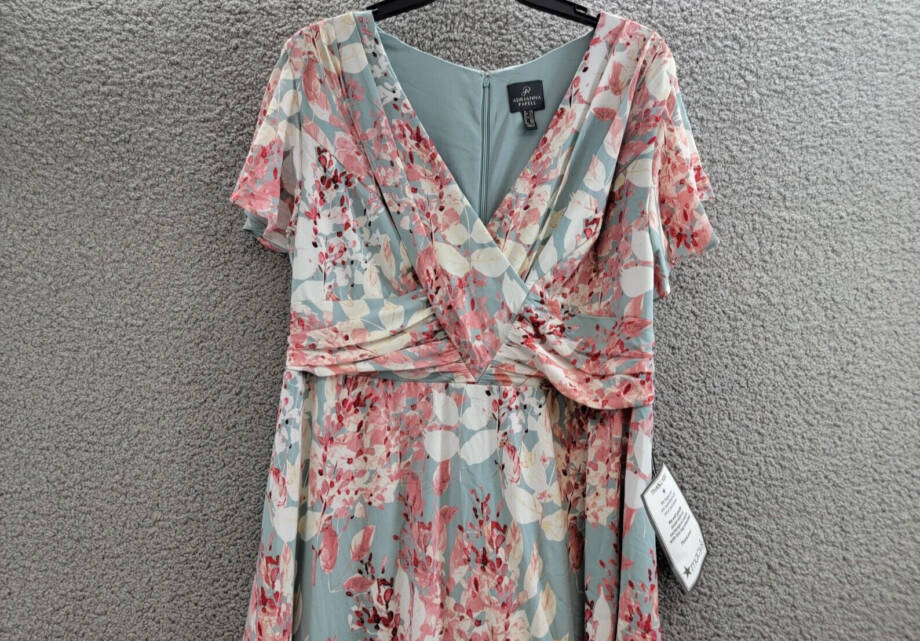 Adrianna Papell Plus Surplice Midi Dress Women's 22W Aqua Multi Back Zip Closure