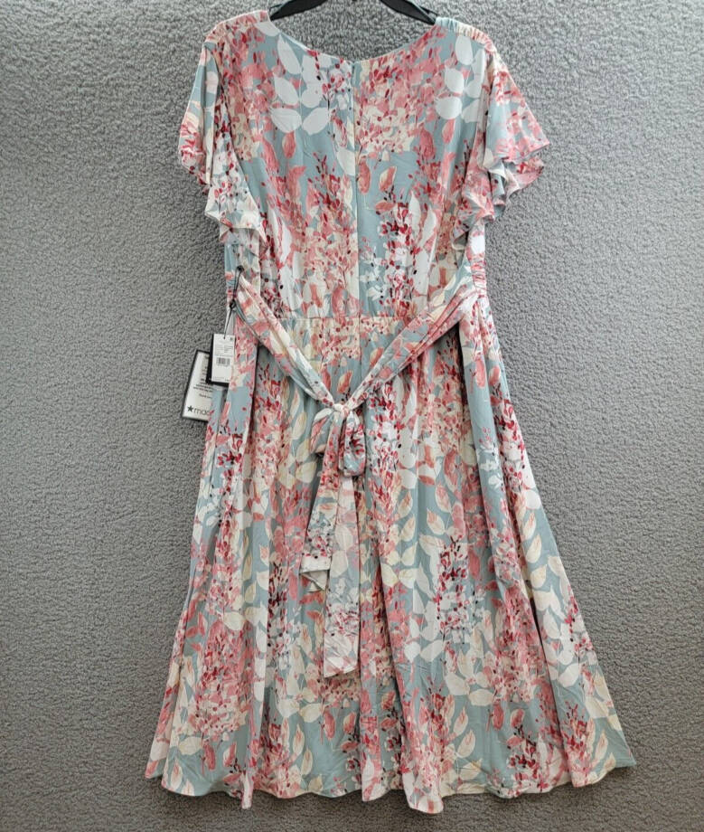 Adrianna Papell Plus Surplice Midi Dress Women's 22W Aqua Multi Back Zip Closure