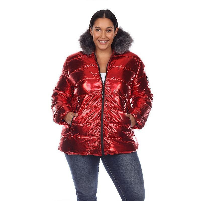 White Mark Plus Size Metallic Puffer Coat with Hoodie Women's 2XL Red Full Zip~