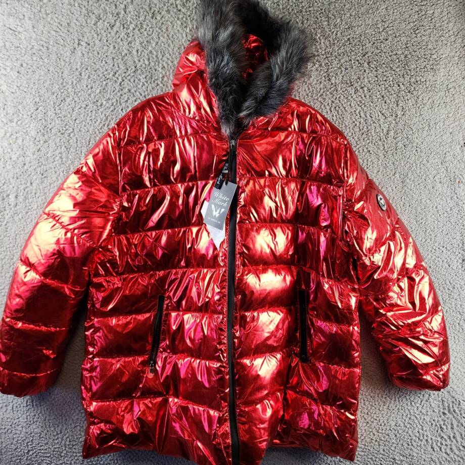 White Mark Plus Size Metallic Puffer Coat with Hoodie Women's 2XL Red Full Zip~