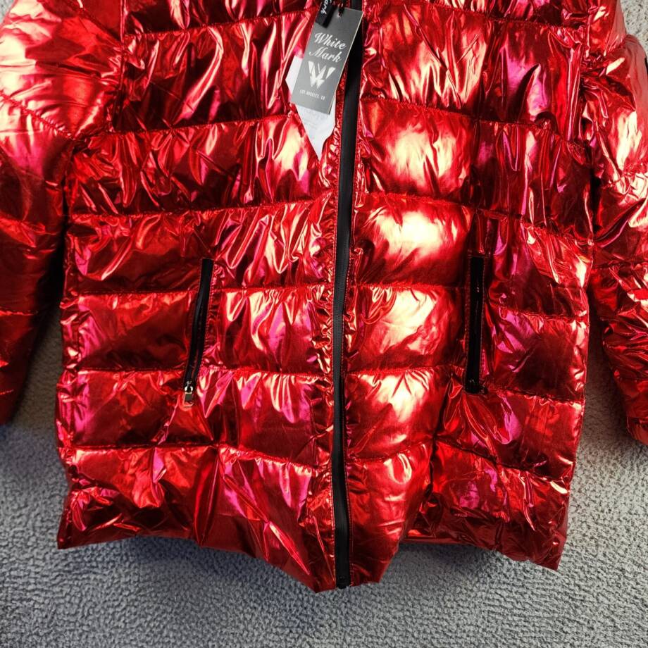 White Mark Plus Size Metallic Puffer Coat with Hoodie Women's 2XL Red Full Zip~