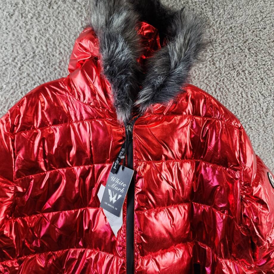 White Mark Plus Size Metallic Puffer Coat with Hoodie Women's 2XL Red Full Zip~