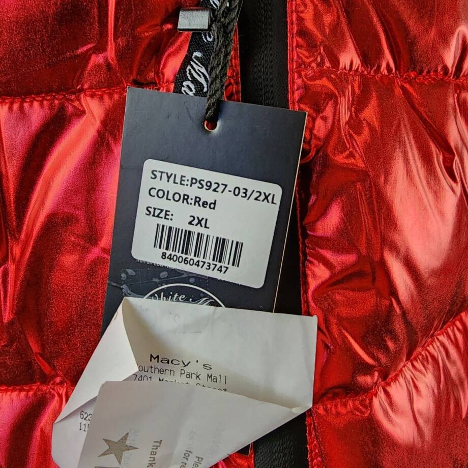 White Mark Plus Size Metallic Puffer Coat with Hoodie Women's 2XL Red Full Zip~