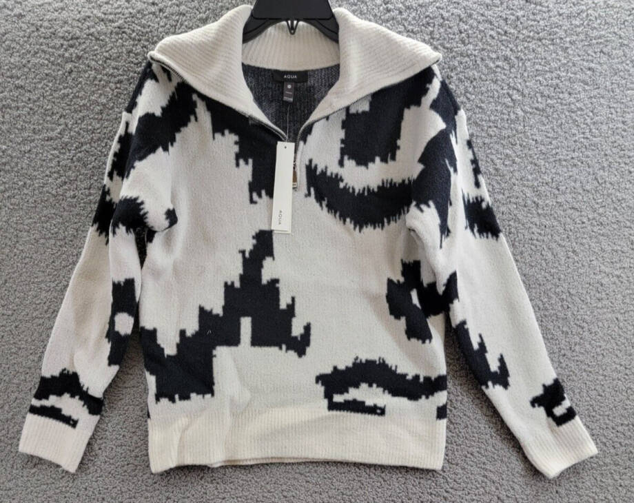 AQUA Quarter Zip Sweater Women's XS Cement Black/Ivory Long Sleeve Pullover