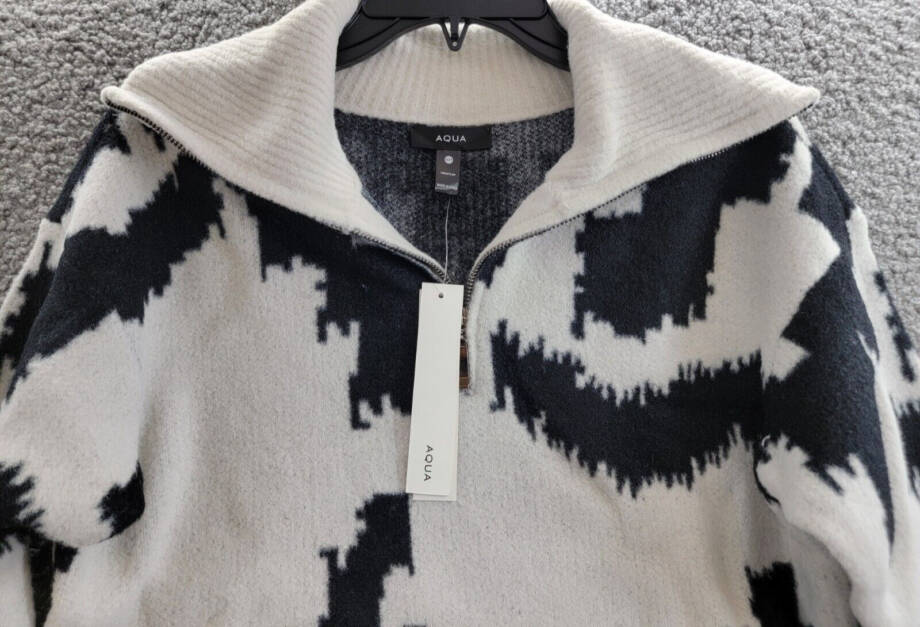 AQUA Quarter Zip Sweater Women's XS Cement Black/Ivory Long Sleeve Pullover